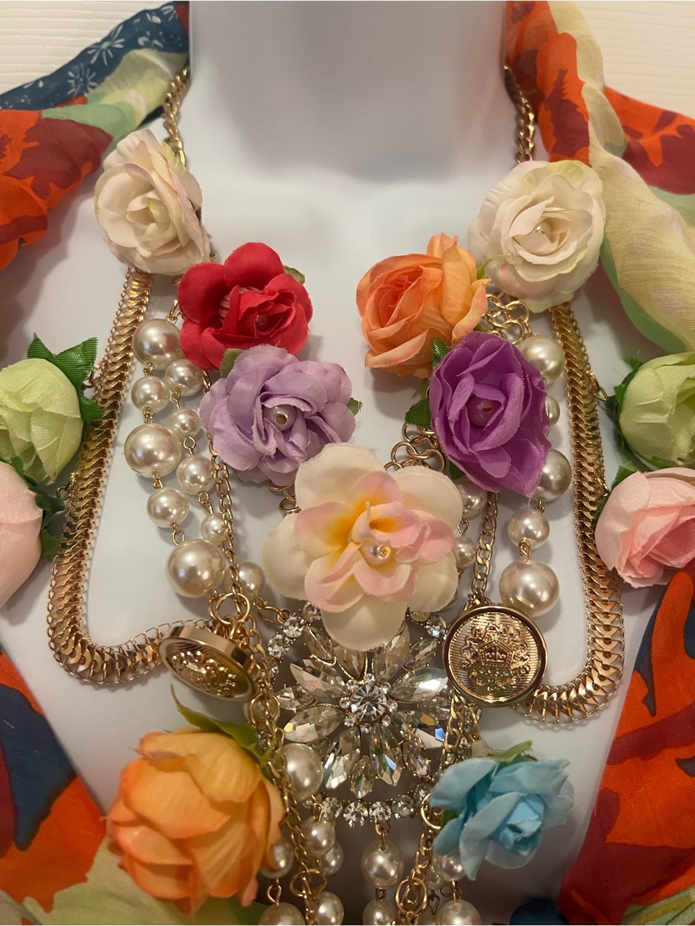 Aratta Rosaline Multi-Color Floral Statement Necklace with Pearl & Gold Chains - Picture 8 of 9
